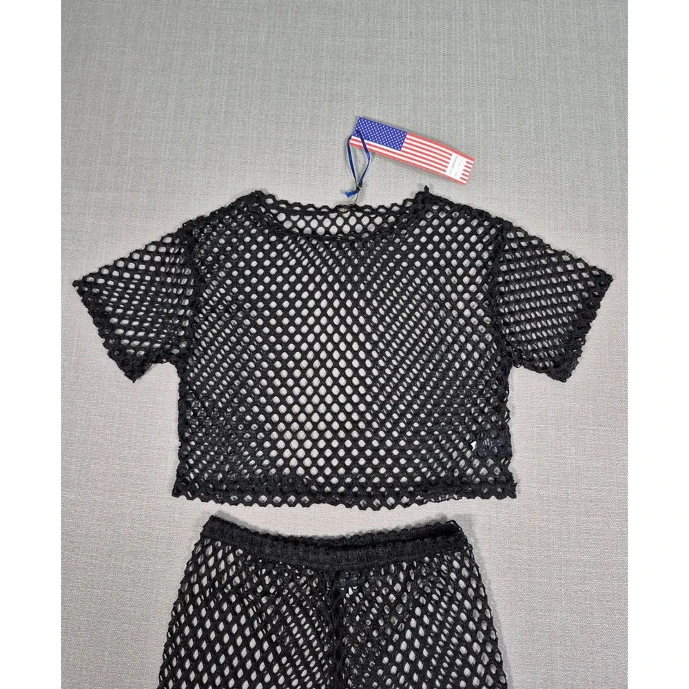 American Leisure Womens Black Fishnet Mesh Crop Top and Shorts Set Size S NEW